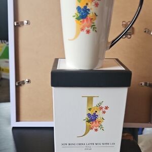 Monogram J Floral White Bone China Latte Mug with Lid